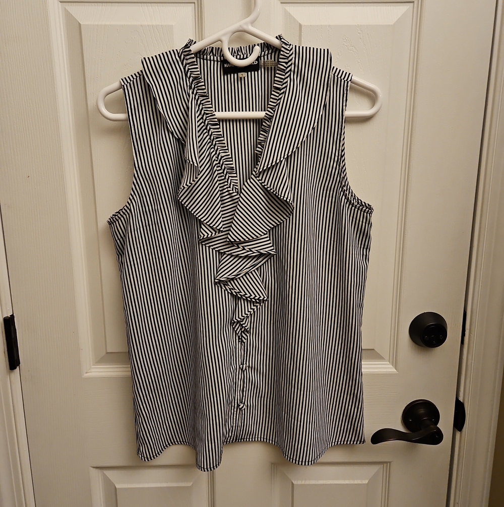 Karl Lagerfeld Black & White Vertical Stripe Ruffle Sleeveless Blouse